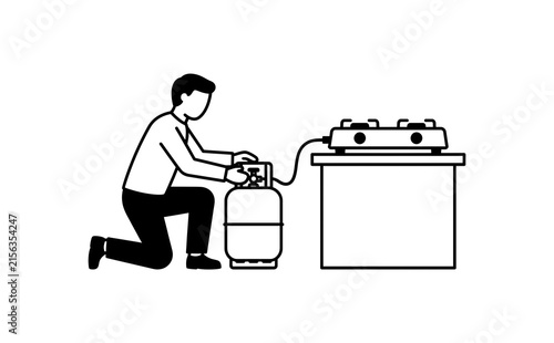 Фотография Man connecting gas tank to kitchen stove with simple black line art for home cooking energy setup
