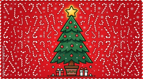 Christmas Tree with Ornaments and Candy Canes on Red Background. Holiday Design with Festive Pattern and Gift Boxes