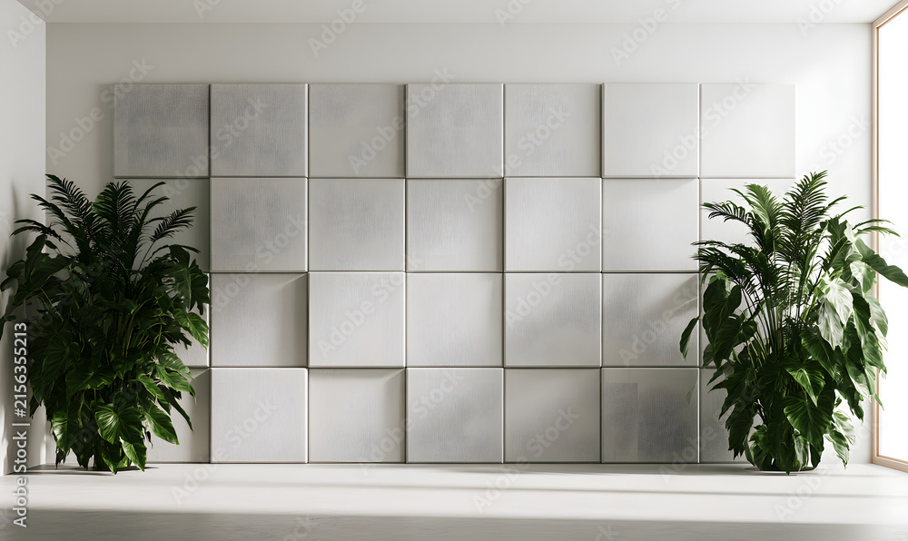Naklejka premium A cheerful, simple podcasting area adorned with light grey acoustic panels in a stylish pattern, complemented by large planters on either side.