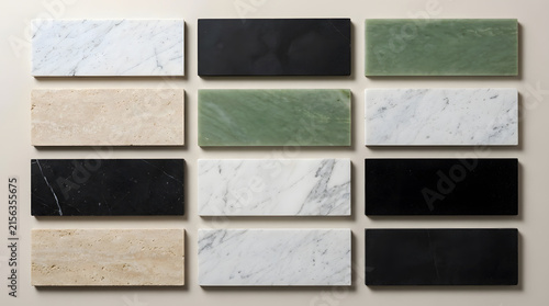 Collection of Rectangular Natural Marble and Stone Tiles Swatches in Grid Layout