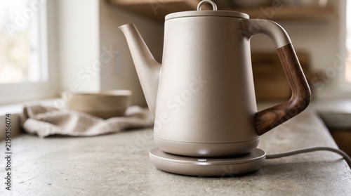 Modern Electric Kettle with Wooden Handle on Charging Base. Minimalist Kitchen Appliance Design. and Beige and Neutral