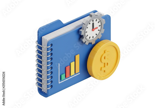 Blue folder with financial report chart clock and gold coin icon isolated on transparent background