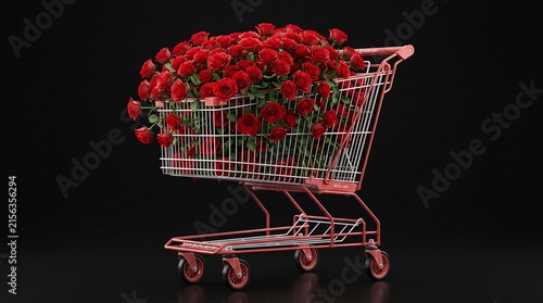 Red Shopping Cart Filled with Red Roses on Black Background. Luxury Gift, Romance, Valentine's Day, Retail, Floral Design