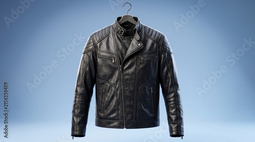 Black Leather Jacket on Hanger with Quilted Shoulders and Zippers. Motorcycle Biker Style Fashion Design and Clothing