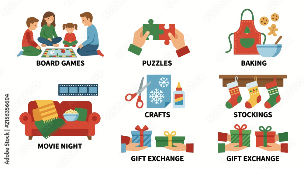 Fototapeta premium Collection of christmas family activities icons with board games, movie night