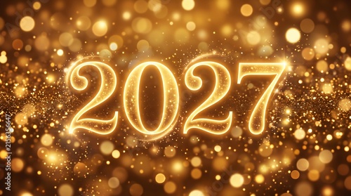 2027 Golden Glowing Numbers with Bokeh Sparkles. Festive Celebration Design with Radiant Light Effects and Bright