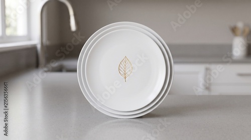 White Ceramic Plates with Gold Leaf Design on Kitchen Countertop. Modern Minimalist Tableware Set. and Dining and Dinnerware