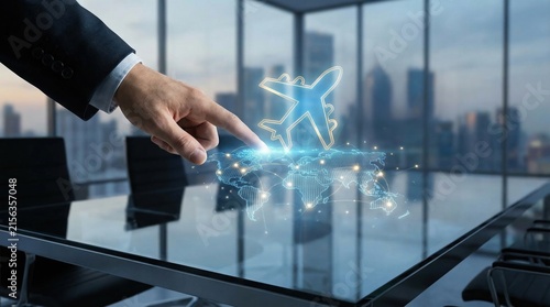 Digital global business travel planning and online vacation booking concept with hand pointing at airplane icon on glass table