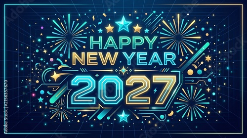 Happy New Year 2027 Neon Vector Design with Fireworks and Stars. Futuristic Digital Celebration Graphic and Illustration