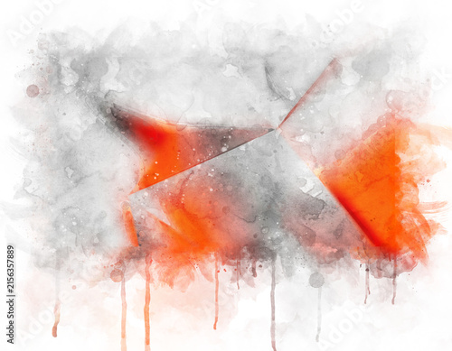 Abstract geometric watercolor composition with glowing orange and white paint on transparent PNG