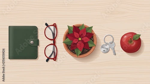 Green Leather Notebook, Red Glasses, Poinsettia Plant, Keys, Apple on Wooden Surface. Home Office, Organization, Lifestyle, Minima