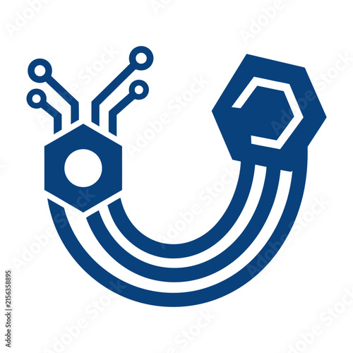 Blue circuit board symbol with hexagons and wires technology concept