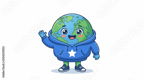 Cute Earth Character in Blue Hoodie with White Star Waving. Cartoon Planet Mascot Design. Eco-Friendly Concept Illustration.