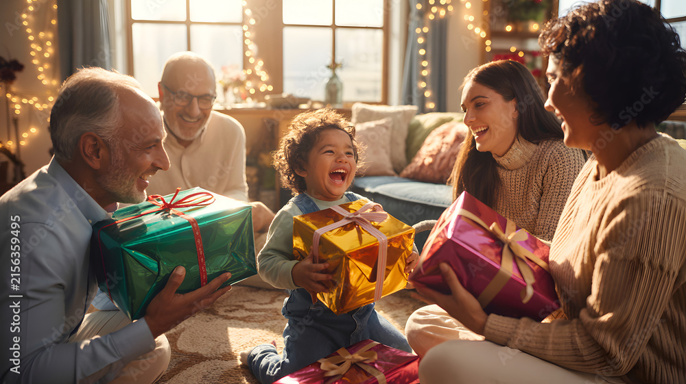 Obraz premium Joyful multiracial family gathering in a warm living room environment celebrates a special holiday occasion by exchanging vibrant colorful presents with an excited young child who is laughing 