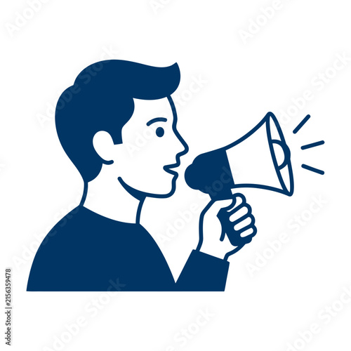Man speaking into megaphone loudly announcing message to crowd