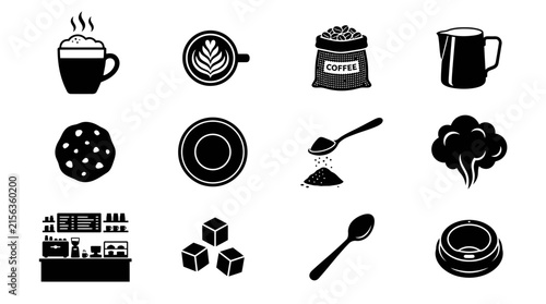 Set of monochrome coffee shop and cafe icons.