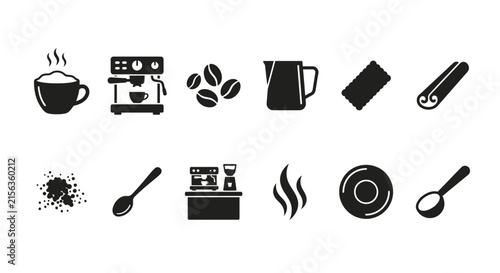 Set of minimalist coffee related icons for cafe branding.