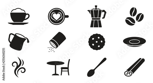 Set of coffee and cafe related icons in solid black.