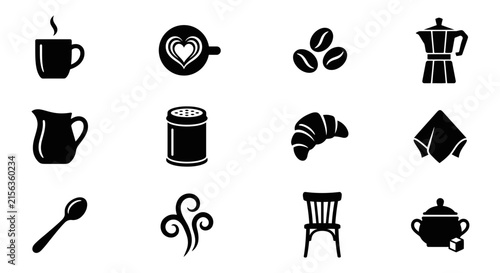 Set of coffee shop and cafe icons black silhouettes.