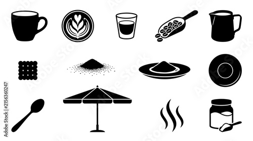 Set of black and white coffee shop and cafe icons.