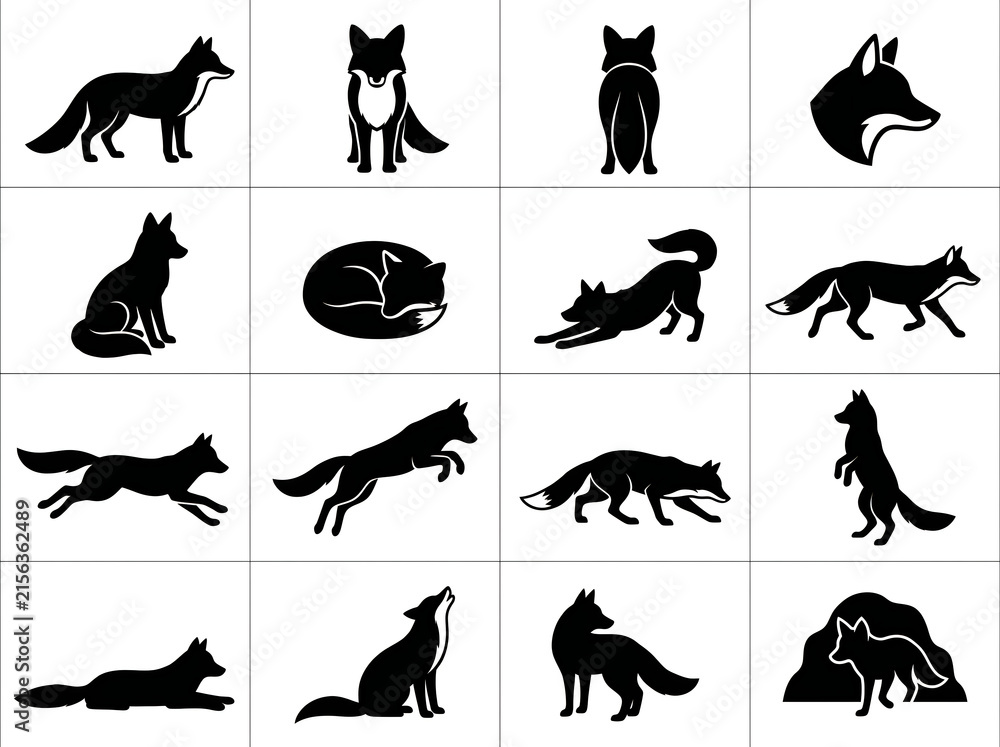 Fototapeta premium Fox silhouettes: various poses and actions of a wild fox