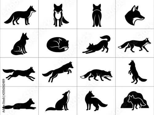 Fox silhouettes: various poses and actions of a wild fox