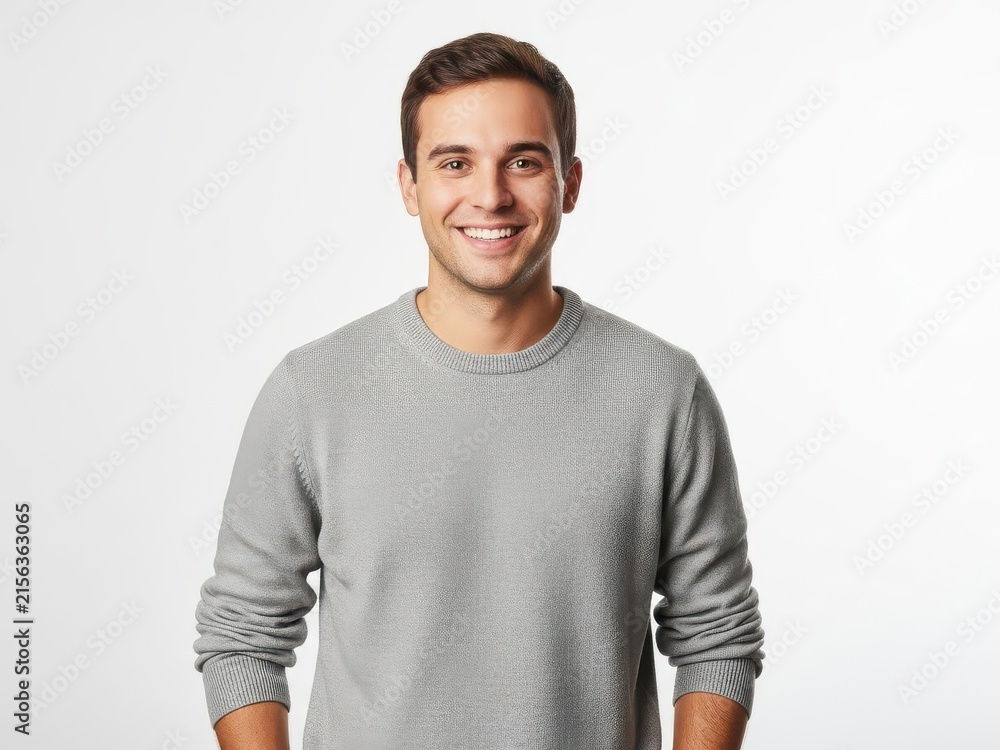 Obraz premium Young man smiling and holding a tablet in casual clothes