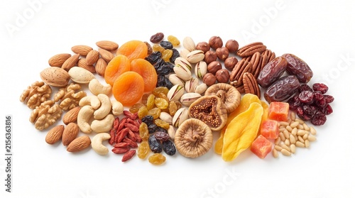 Assorted Dry Fruits and Nuts Isolated on White Background