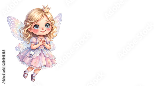 A sweet emotional cartoon tooth fairy with enormous watery sparkling eyes, rosy cheeks and a tender expression, tiny hands pressed against her heart, delicate translucent wings, soft pastel dress, 