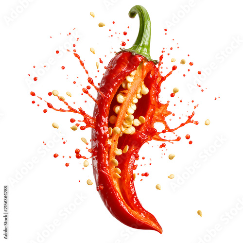 Fresh red chili pepper cut in half with juicy splash isolated background.