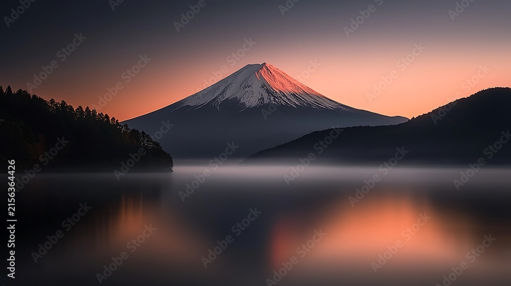 Fototapeta premium Mountain peak with snowy cap rises over misty lake at sunrise