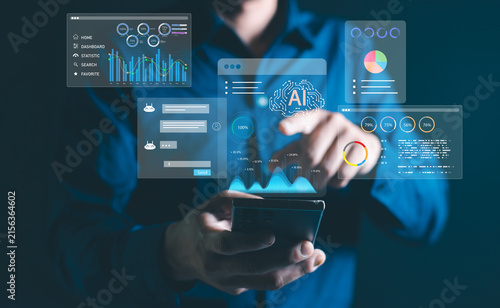 AI Business Assistant and Data Analytics Dashboard on Smartphone with Digital Technology Interface