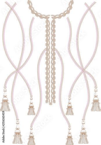 elegant beige chain and tassel neckline embroidery design