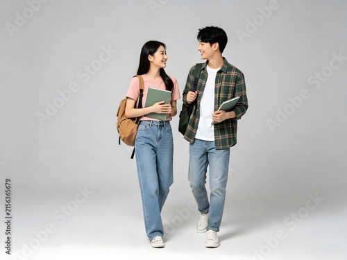 Young happy asian university students walking with backpacks