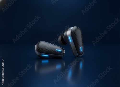 Modern wireless earbuds with glowing blue lights on a dark blue background