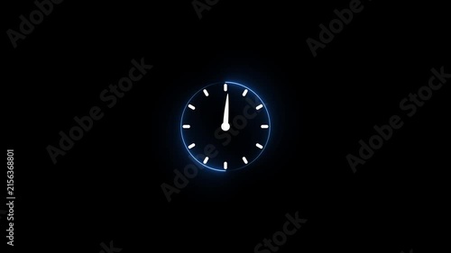 A minimalist glowing blue neon clock face with white hour markers and hands set against a stark black background symbolizing time passing or a digital timer