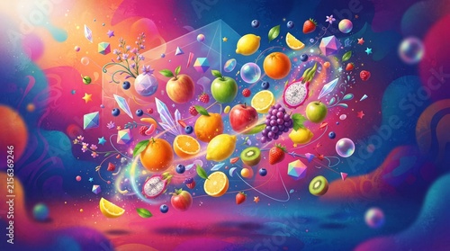 Surreal Concept Illustration of Levitating Bright Colored Fruits and Floating Objects on Saturated Studio Background