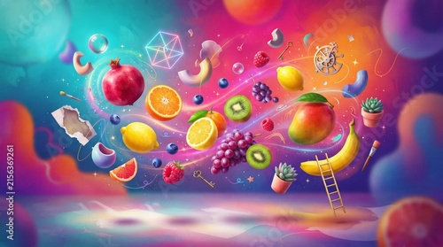 Surreal Concept Illustration of Levitating Bright Colored Fruits and Floating Objects on Saturated Studio Background