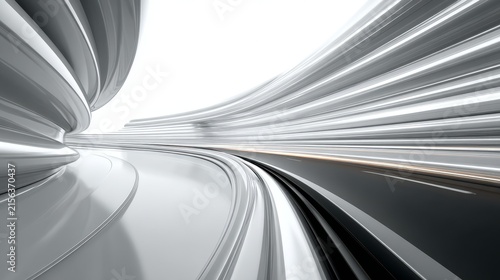 Futuristic urban road with silver lines and light trails on white background, curved perspective, sense of speed, streamlined design, fluid motion, blurred futuristic landscape
