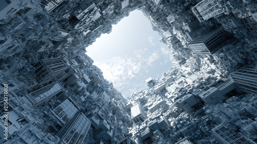 Abstract cityscape futuristic city urban canyon digital landscape geometric structure blue tone sky opening complex architecture skyscraper cluster surreal scene