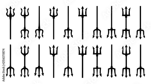 Twenty tridents set with metallic tips and wooden shafts arranged in rows featuring sharp blades and balanced proportions with vintage style and clean background