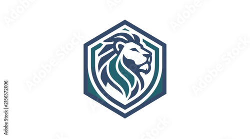 Lion mascot logo within hexagonal frame.