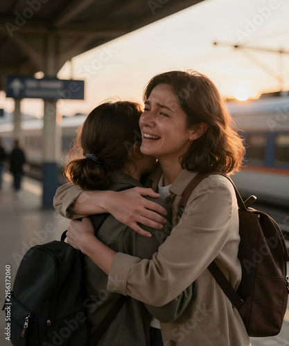 Emotional reunion between a mother and daughter at a train station, tears of joy and a heartfelt embrace in golden sunset light, cinematic storytelling and authentic commercial lifestyle photography