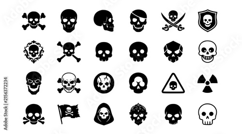 Fotografía Skull and crossbones icon collection with pirate death warning symbols black mon