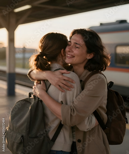 Emotional reunion between a mother and daughter at a train station, tears of joy and a heartfelt embrace in golden sunset light, cinematic storytelling and authentic commercial lifestyle photography