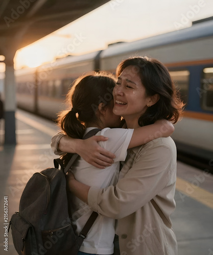 Emotional reunion between a mother and daughter at a train station, tears of joy and a heartfelt embrace in golden sunset light, cinematic storytelling and authentic commercial lifestyle photography