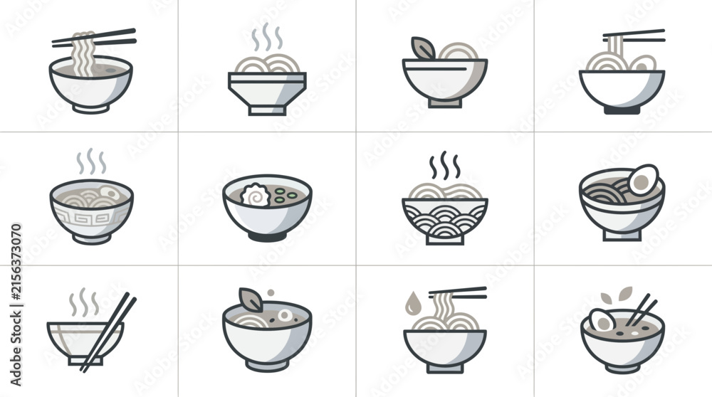 Fototapeta premium Minimalist ramen and noodle soup bowl icon set.