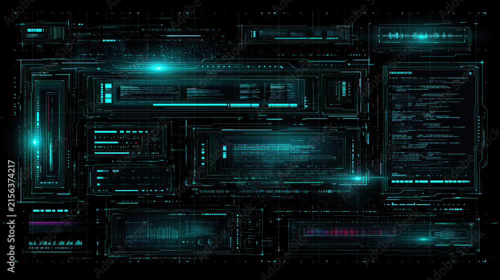 Fototapeta premium Cyber interface with dark black background and minimal dark cyan geometric panels, futuristic digital dashboard glowing with abstract data