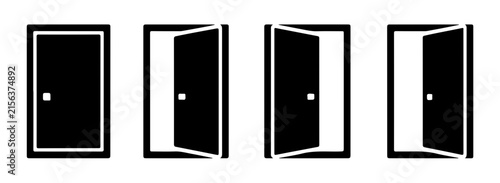 Set of black door icons with different opening angles for architectural and interior design concepts.