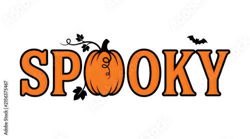 Spooky halloween text with pumpkin and bat graphic
